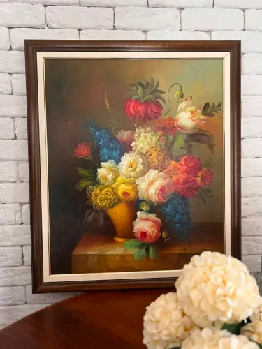 Quadro Antigo Óleo sobre Tela Natureza Morta Flores Assinado Smith 60x70cm