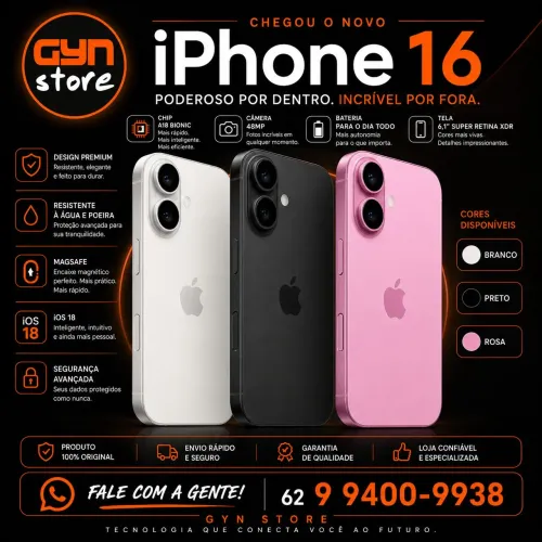 R$3799,90 Apple iPhone 16 6,1" 128GB 5G Varias Cores Novo NF 1 Ano Garantia