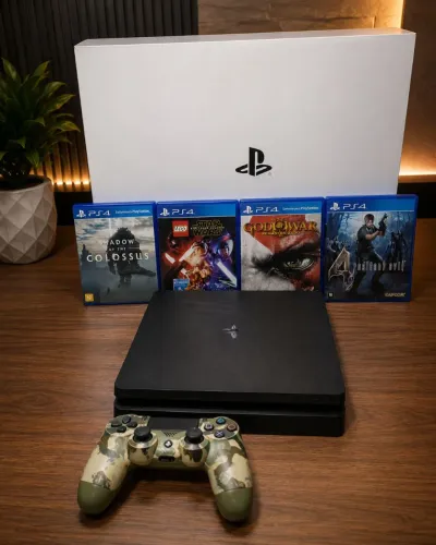 ? PS4 Slim completo na Caixa + 4 Jogos + Controle Original | Estado Impecável!