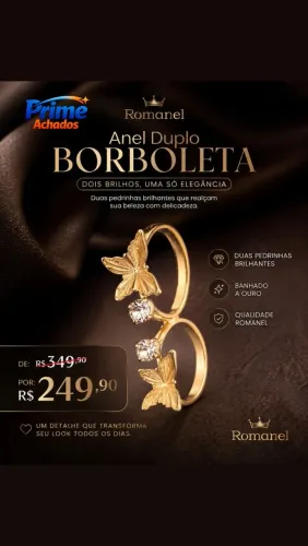 Anel Duplo Borboleta Romanel, banhado a ouro e com duas pedrinhas brilhantes