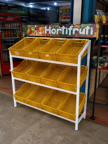 Expositor Hortifruti 12 Caixas com Placa | Fruteira de Ferro Branca Mercearia Mercado