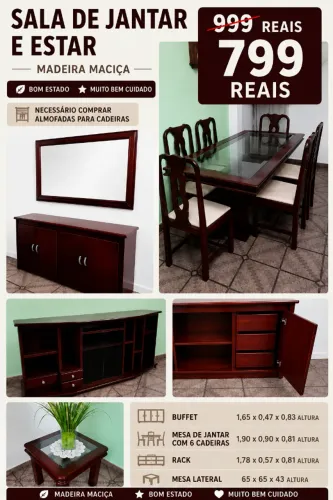 Sala de Jantar e estar mesa com 6 cadeiras buffet rack espelho