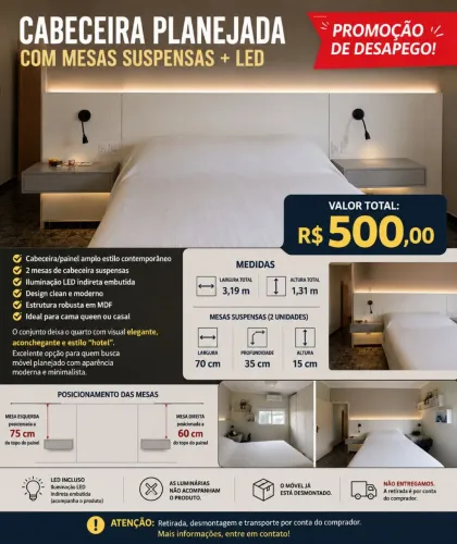 Cabeceira e mesas de apoio Em MDF