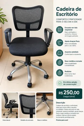 Cadeira de Escritório preta com encosto em tela