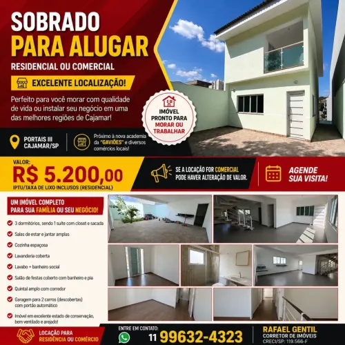Sobrado para aluguel, Cajamar/SP, Portais, comercial/residencial, 3 dorms, suíte, closet.,