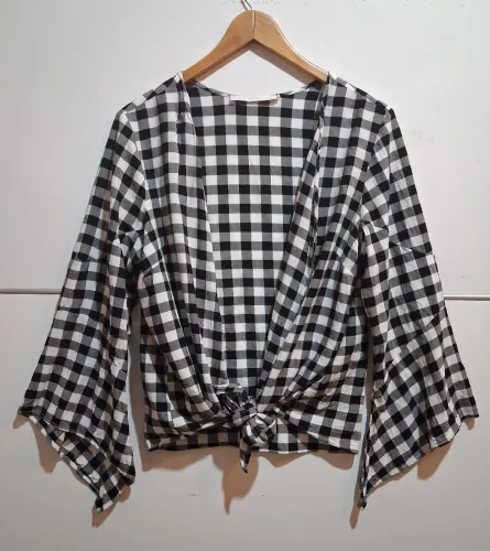 Blusa Cropped Xadrez Enjoy com Manga Flare TAM G<br><br>TAM G