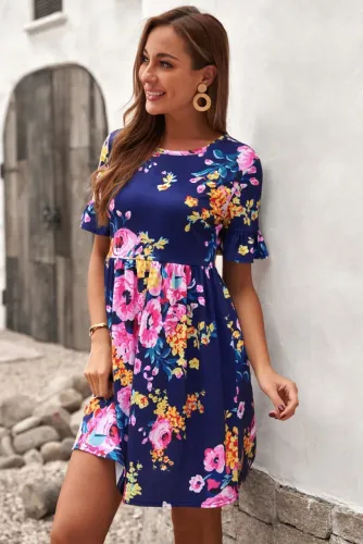 Vestido floral azul com babados manga curta NOVO