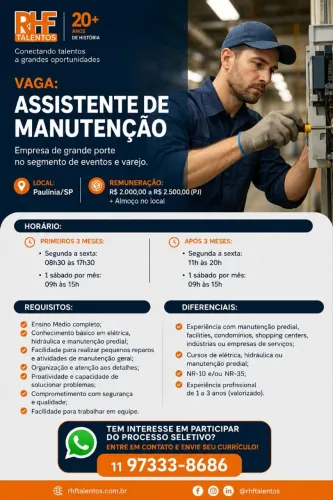 Auxiliar de Manutenção/Paulínia -SP Interior de São Paulo