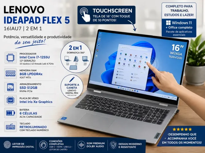 Laptop Lenovo IdeaPad Flex 5 16? Touch 2 em 1 | i7 12ª | 8GB | SSD 512GB