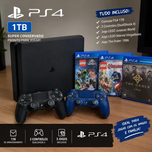 PS4 1TB + 2 Controles + 3 Jogos Originais