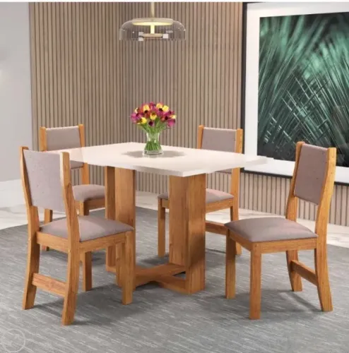 Mesa Magic/Milani Mel/Blonde com 4 Cadeiras Sol Linho Bronze - Viero Móveis