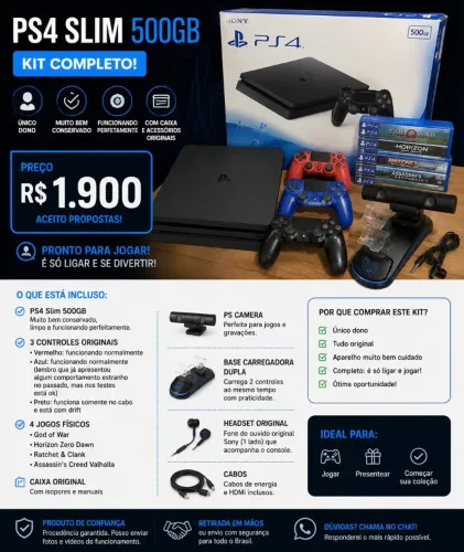 PS4 Slim 500GB + 4 Jogos + 3 Controles + Caixa