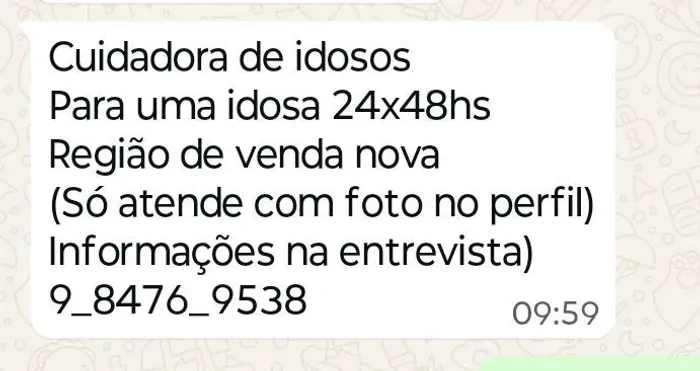 Precisa-se Cuidadora de idosos 