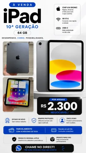 Ipad 10° Geração 64gb - Excelente Estado. - Caixa, cabo, película e capa