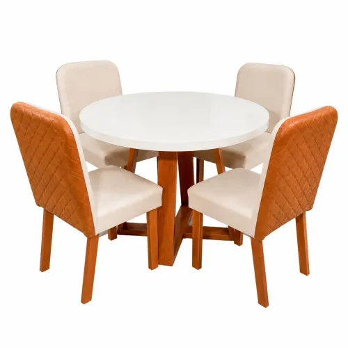 Mesa de Jantar Redonda 110cm com Tampo de Vidro + 4 Cadeiras Estofadas