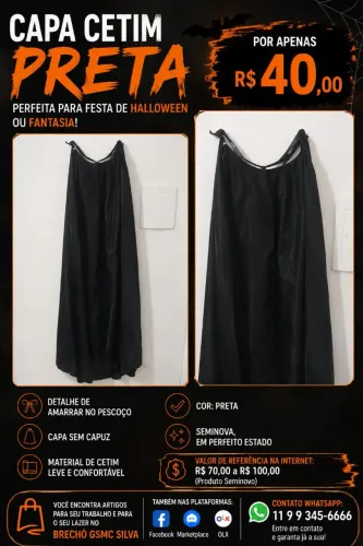 CCAPA PRETA DE CETIM PARA FANTASIA <br>? Perfeita para Halloween, cosplay e fantasias!