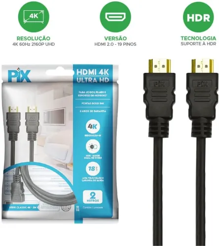 Cabo Hdmi PIX 2.0 19P | 4K, HDR, 2M, Pix Gold, Preto