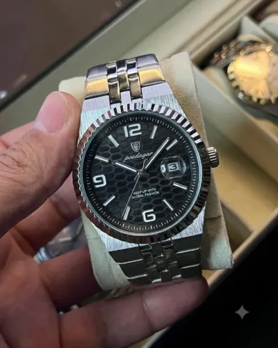 Relógio Masculino Poedagar Diamond® Prateado Fundo Preto Aço Inox À prova dÁgua 3ATM