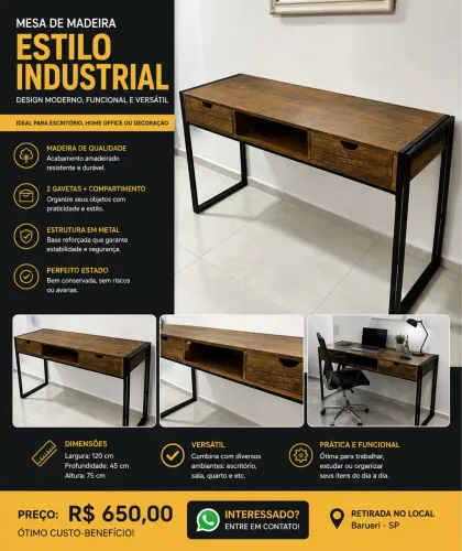 Mesa Escrivaninha Industrial de Madeira