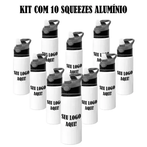 Kit 10 Garrafas Seu Logo | Squeeze Alumínio 600ml | Branco | Personalizado | Click
