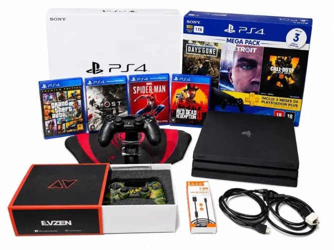 PS4 PRO 4K 1T + 2 CONTROLES (SENDO 1 PRO COM PEDAIS) + 30 JOGOS + BASE CARREGADOR + CABOS