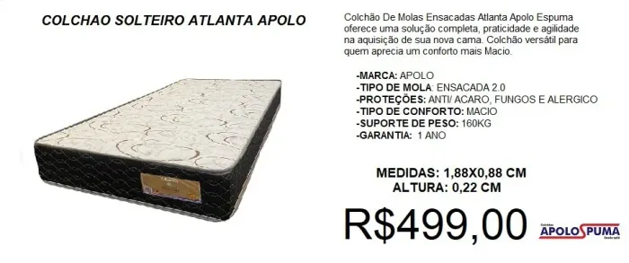 Colchão mola solteiro atlanta apolo - frete incluso