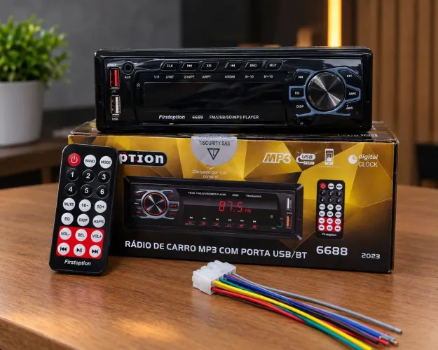 Radio Automotivo com Bluetooth, USB, AUX e rádio FM.