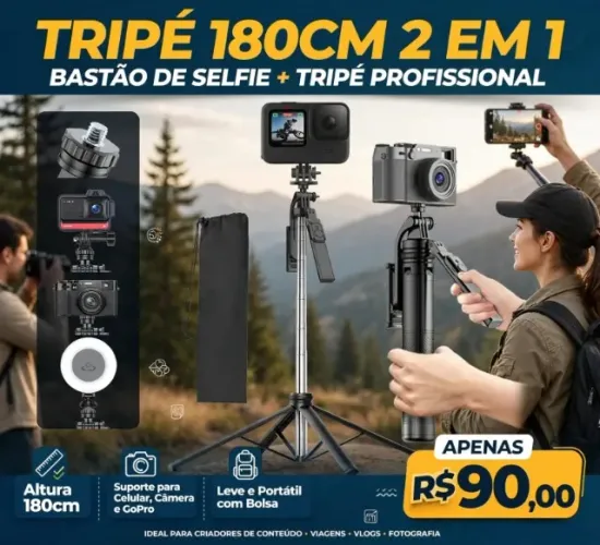 Tripé De 180 Cm Para Bastão De Selfie De Celular Portátil