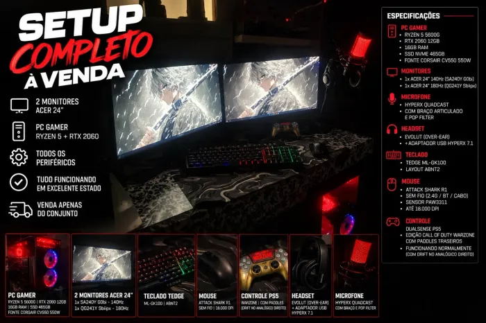 SETUP GAMER COMPLETO | RTX 2060 12GB + RYZEN 5 + 2 MONITORES + PERIFÉRICOS