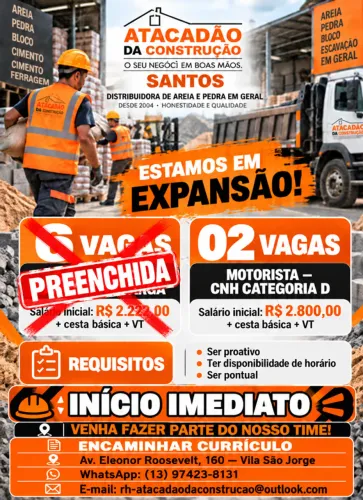 MOTORISTA CNH D- DISTRIBUIDORA AREIA E PEDRA EM GERAL EM SANTOS