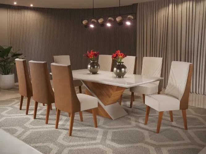 Mesa de jantar com 8 cadeiras com couro na cadeira - Entrega e montagem gratis