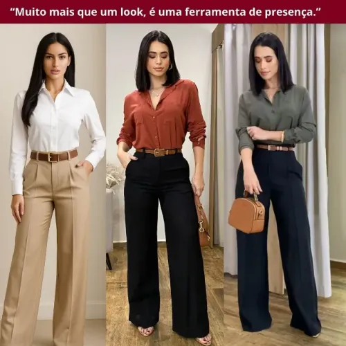 Conjunto Feminino Alfaiataria 3 Peças | Calça Pantalona + Camisa Social + Cinto Elegante