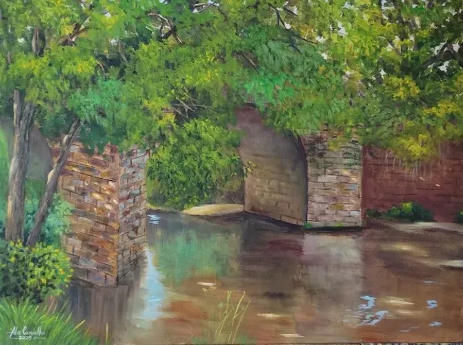Quadro pintado à mão - Ponte sobre águas tranquilas