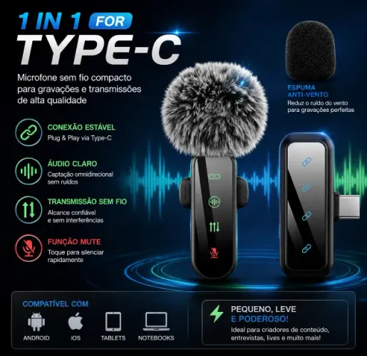 [NOVO]Microfone de lapela SEM FIO, cancelamento de Ruído + protetor corta vento + Tipo C 