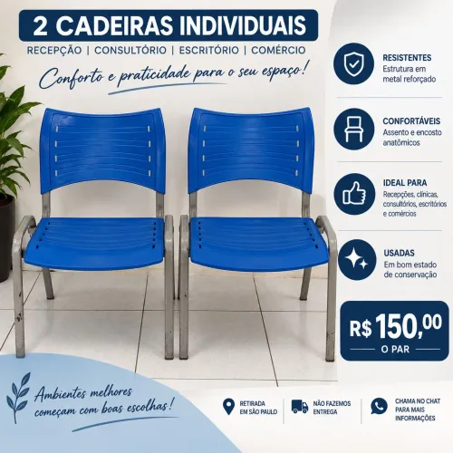 2 Cadeiras Azuis para Recepção - Escritório, Clínica ou Consultório