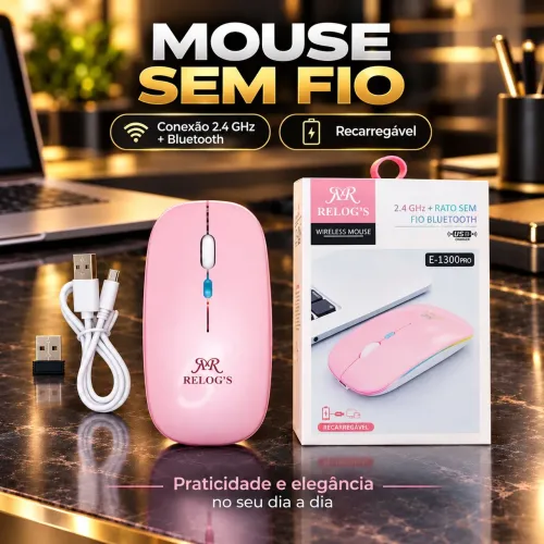 Mouse Bluetooth + Wireless 2 em 1 Relog's Rosa Recarregar Novo Promoção