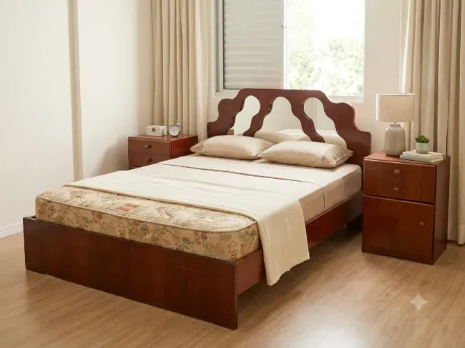Lindo Kit Quarto Casal: Cama Madeira Maciça + Colchão Molas + 2 Criados-Mudos