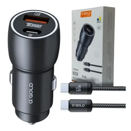 Carregador Veicular Turbo 60W USB + TIPO C Para Android e iPhone Carregamento Rápido A?GOL