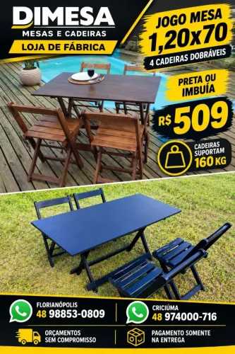 Jogo Mesa 1,20x70 + 4 Cadeiras Dobráveis Preta ou Imbuia