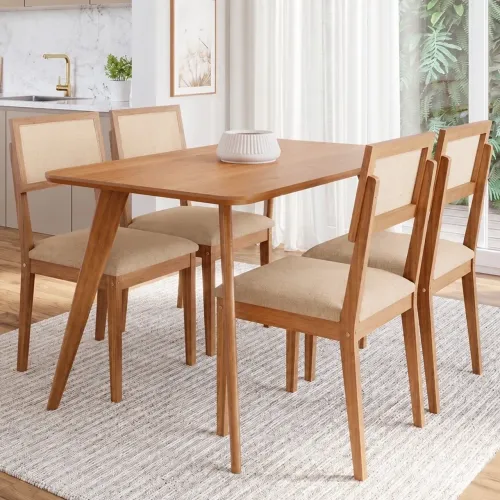 Mesa Acerola 130 (S/Vidro) Madeira/Off White com4cad Encanto Linho Bege/ pronta entrega