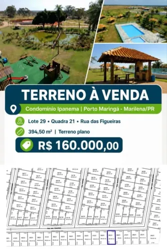 TERRENO À VENDA NO CONDOMÍNIO IPANEMA - 394,50m2 PORTO MARINGÁ/PR