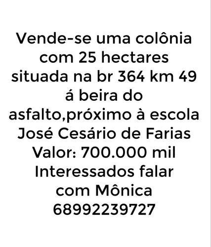 Vendo uma colônia com 25hectares