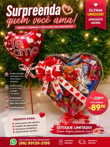 Cesta de Chocolates Romântica Com Ursinho de Pelúcia .