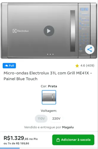 Microondas NOVO Eletrolux 31L