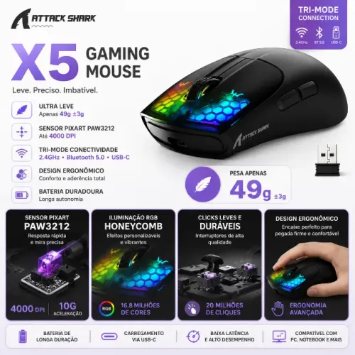 Mouse Gamer Sem Fio Attack Shark X5 Paw3212 Cor Preto