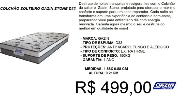 Colchão - solteiro - D33 - gazin - stone - compre hoje e receba em até 72 horas