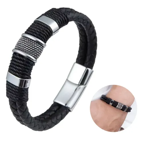 Pulseira Jóia Masculina Executiva Couro Prata Fecho Imã 
