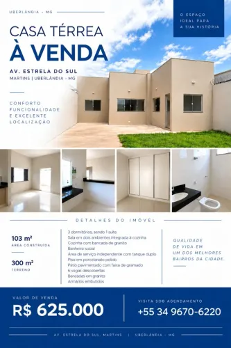 Casa 3 quartos, 1 suíte e 6 vagas no Martins (Terreno 300m2) - Uberlândia, Bairro Martins