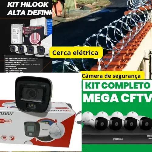 cerca elétrica, câmera de segurança, alarme, motor de portão 