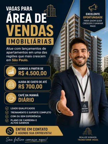 Vagas para corretores c/ ou sem experiência com ganhos a partir d 5.000 ajuda de custo 400